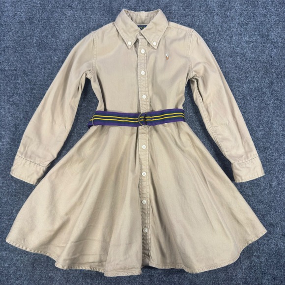 Polo Ralph Lauren Other - Polo Ralph Lauren Girls Tan Khaki Cotton Twill Belted Shirt Dress Size 5